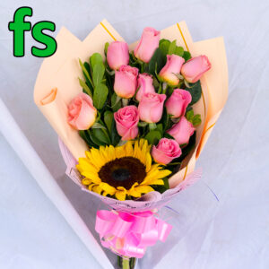 Ramo de 12 rosas y girasol